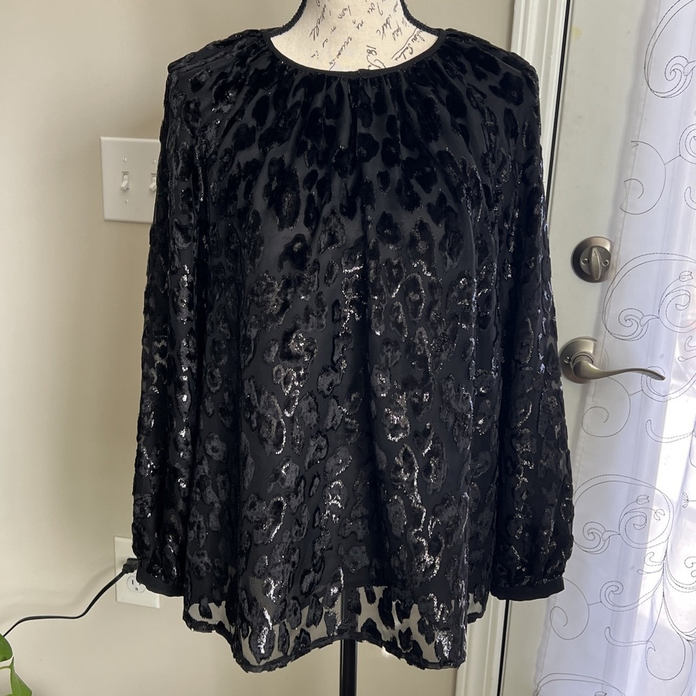 Ann Mashburn Ariana Blouse Leopard Women's Medium Velvet Burnout Boho Romantic